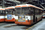 Les SC10U LS n° 2358 et 2366 au dépôt de Cuire en février 1982. <br><i>Ils sont tous les deux de la première série à porte médiane décalée, qui sera la dernière avec 2 petites vitres carrées à l'arrière. A noter le changement de couleur des numéros de carrosserie au fil des rénovations</i>